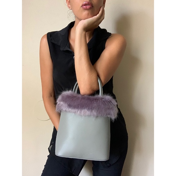 Vegan Leather/ Faux Fur Top Handle Handbag - Grey - Picture 2 of 7